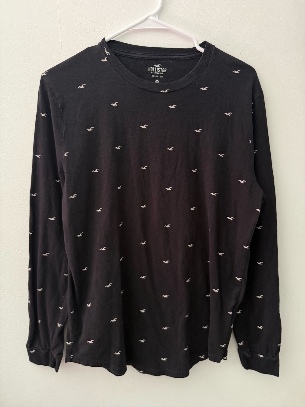 Hollister Black Long Sleeve Crew with Small White Logo Print